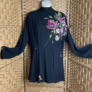 Free People Gemma Tunic Top Open Back Floral Black Size S